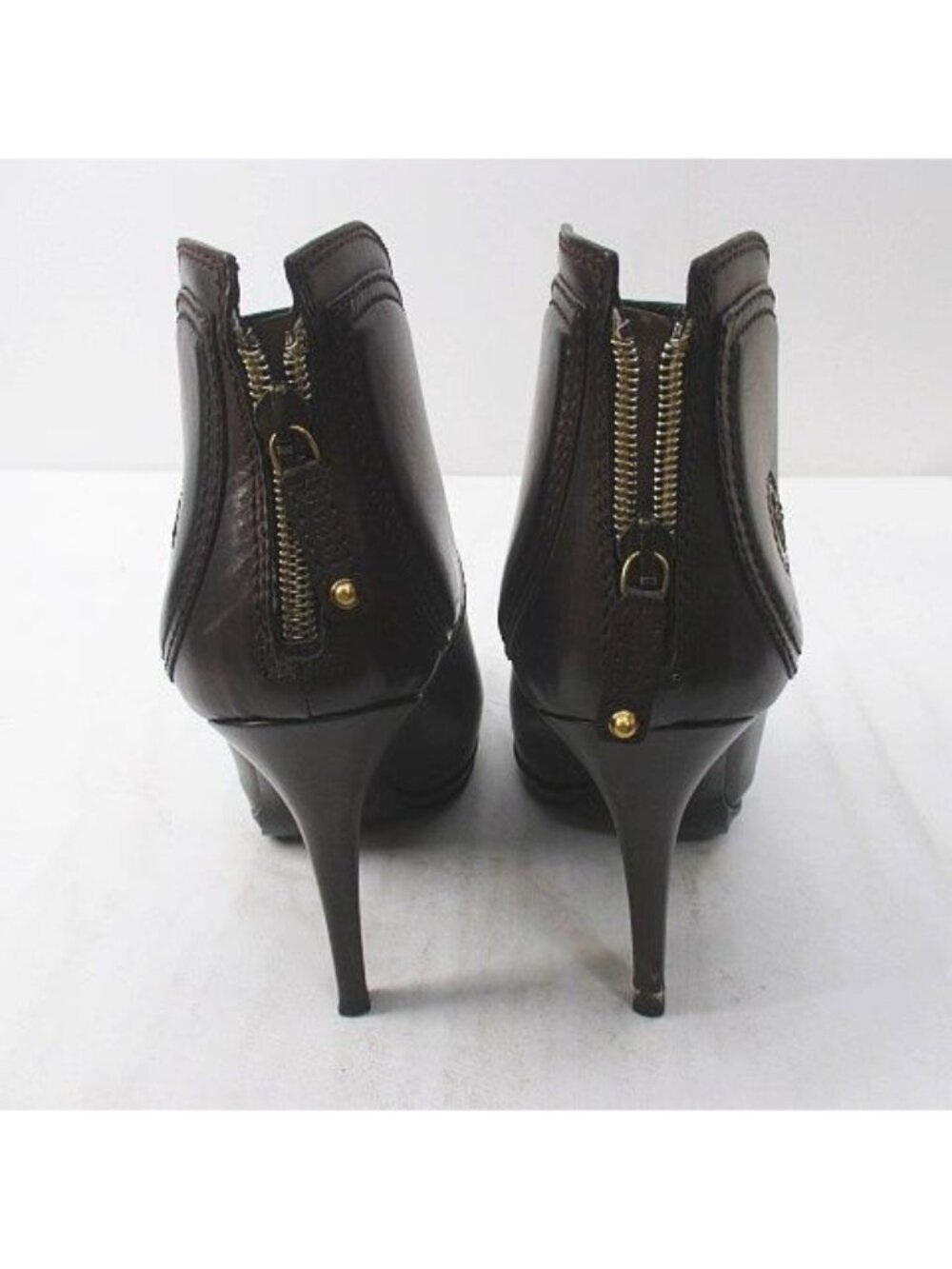 Gucci Short Boots Round Toe High Heel Gold Medal 38 C Brown Leather - Picture 3 of 9